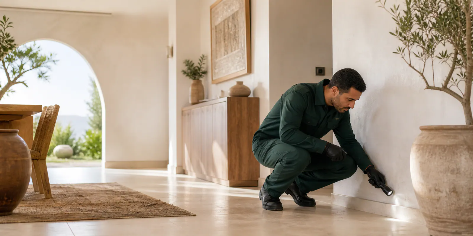 Technicien Protego inspectant une villa marocaine contemporaine